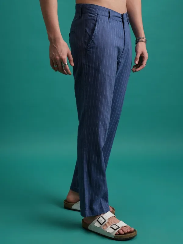  Highlander Men Blue Regular Fit Striped Casual Trousers