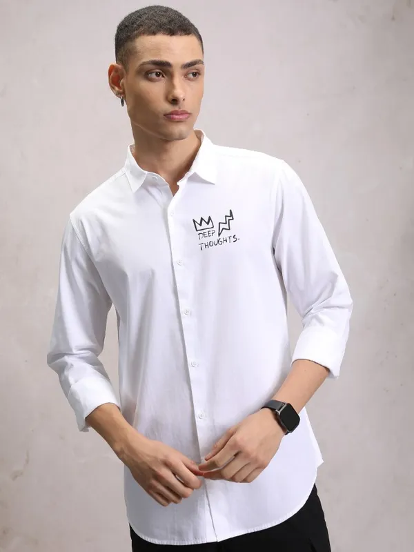  Ketch Men White Printed Slim Fit Casual Shirts