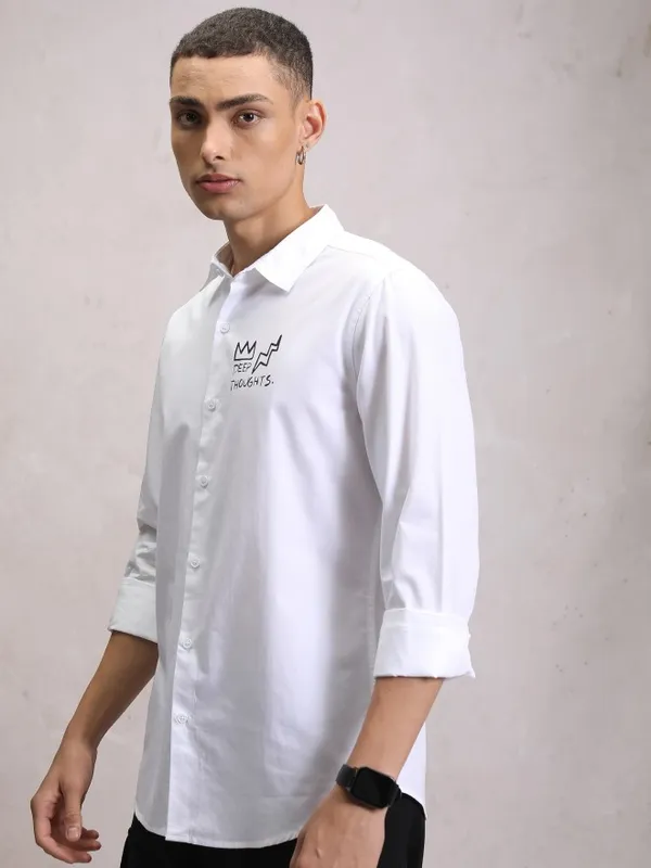  Ketch Men White Printed Slim Fit Casual Shirts