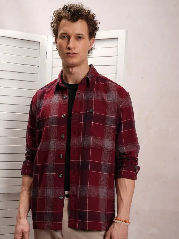  Locomotive Men Maroon Checked Oversized Fit Casual Shirts