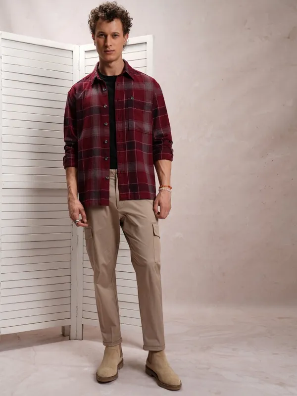  Locomotive Men Maroon Checked Oversized Fit Casual Shirts