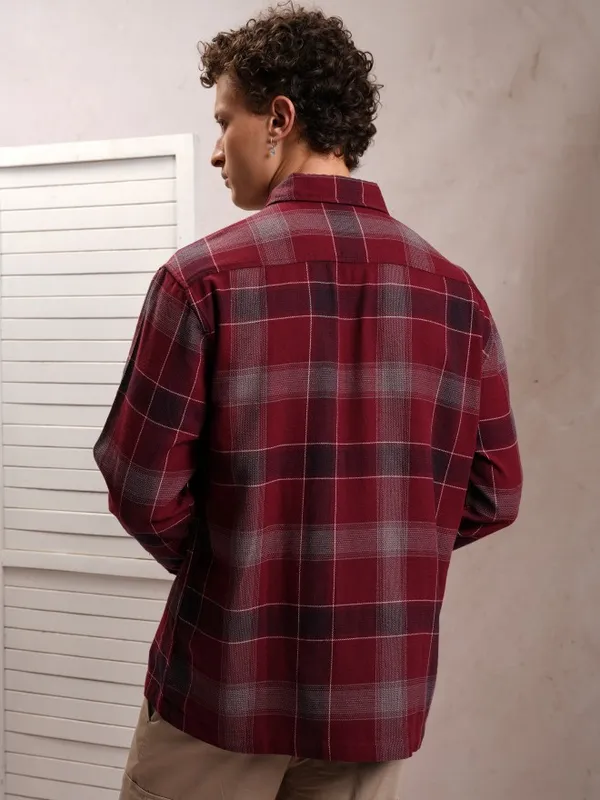  Locomotive Men Maroon Checked Oversized Fit Casual Shirts