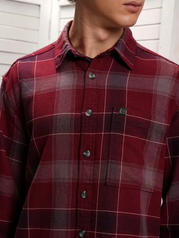  Locomotive Men Maroon Checked Oversized Fit Casual Shirts