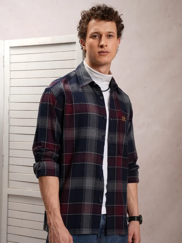  Locomotive Men Navy Blue Checked Oversized Fit Casual Shirts