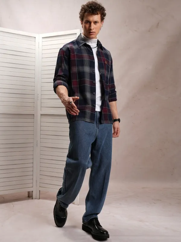  Locomotive Men Navy Blue Checked Oversized Fit Casual Shirts
