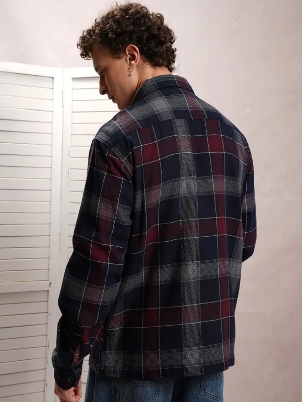  Locomotive Men Navy Blue Checked Oversized Fit Casual Shirts