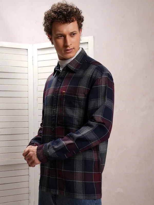  Locomotive Men Navy Blue Checked Oversized Fit Casual Shirts