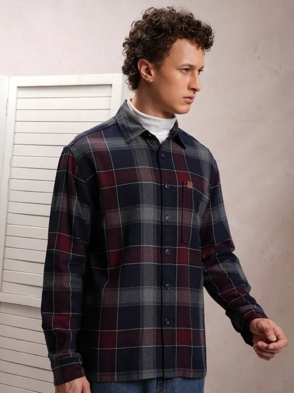  Locomotive Men Navy Blue Checked Oversized Fit Casual Shirts