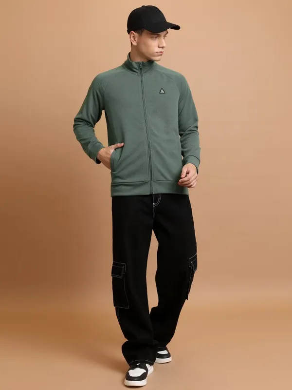  Highlander Men Green High Neck Front-Open Sweatshirts