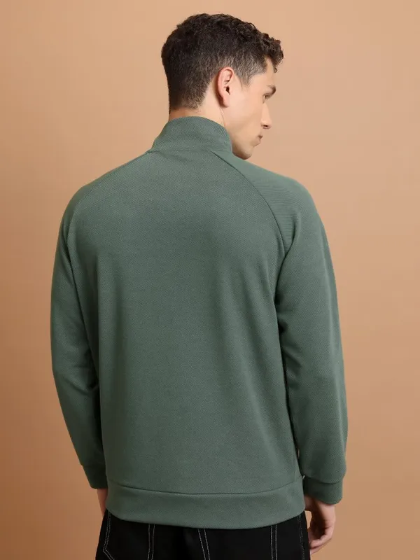  Highlander Men Green High Neck Front-Open Sweatshirts