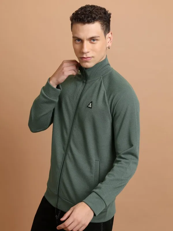  Highlander Men Green High Neck Front-Open Sweatshirts
