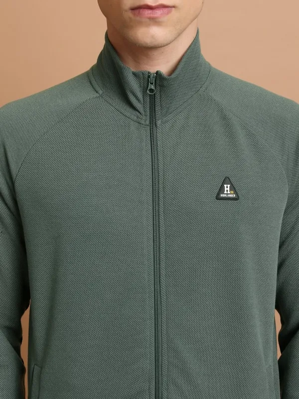  Highlander Men Green High Neck Front-Open Sweatshirts