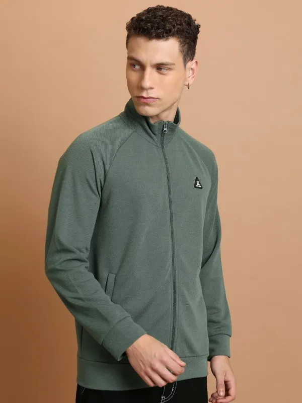  Highlander Men Green High Neck Front-Open Sweatshirts