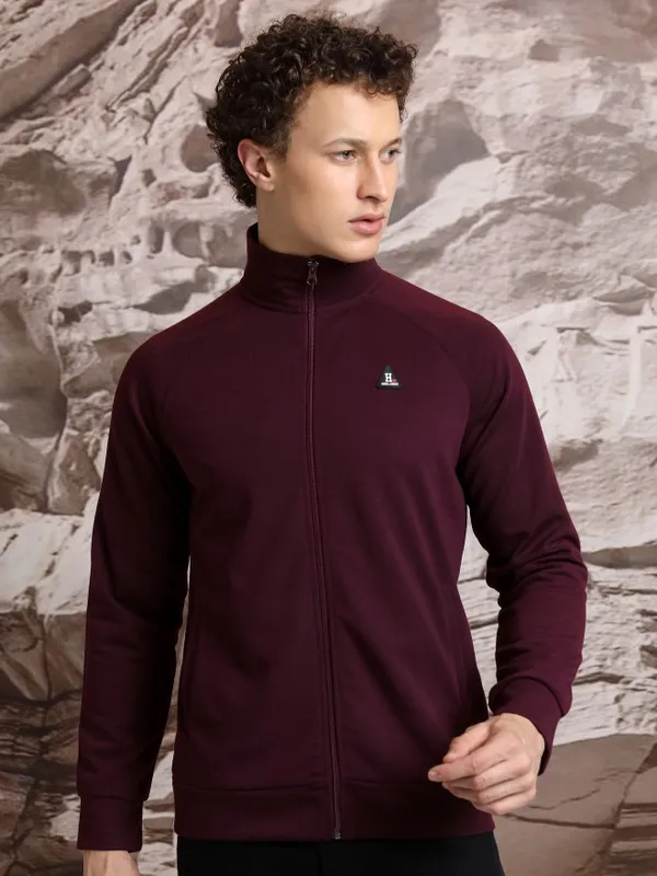  Highlander Men Burgundy High Neck Front-Open Sweatshirts