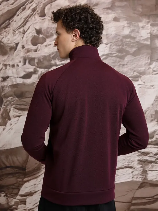  Highlander Men Burgundy High Neck Front-Open Sweatshirts