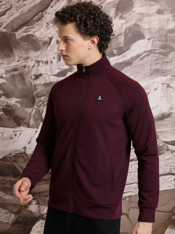  Highlander Men Burgundy High Neck Front-Open Sweatshirts