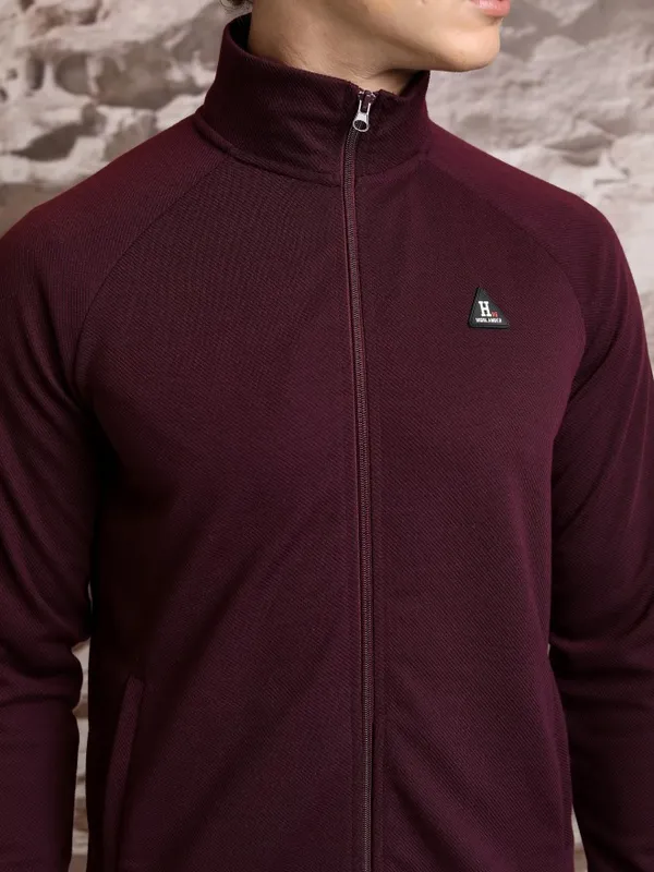  Highlander Men Burgundy High Neck Front-Open Sweatshirts