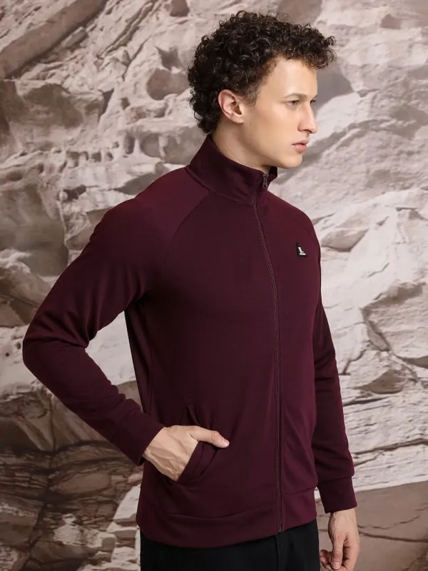  Highlander Men Burgundy High Neck Front-Open Sweatshirts