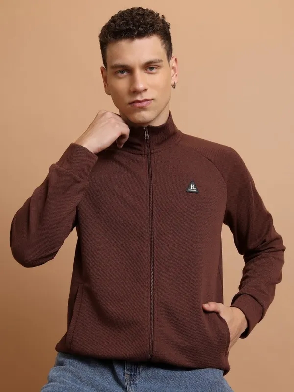  Highlander Men Brown High Neck Front-Open Sweatshirts