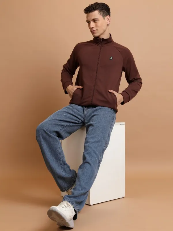  Highlander Men Brown High Neck Front-Open Sweatshirts