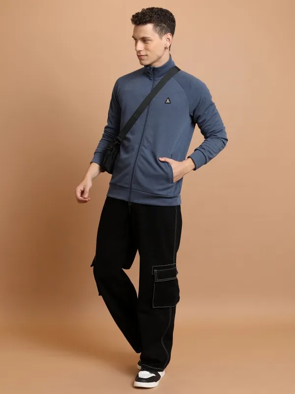  Highlander Men Blue High Neck Front-Open Sweatshirts