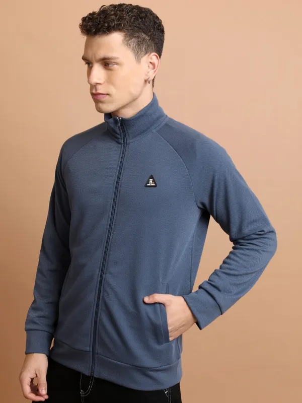  Highlander Men Blue High Neck Front-Open Sweatshirts