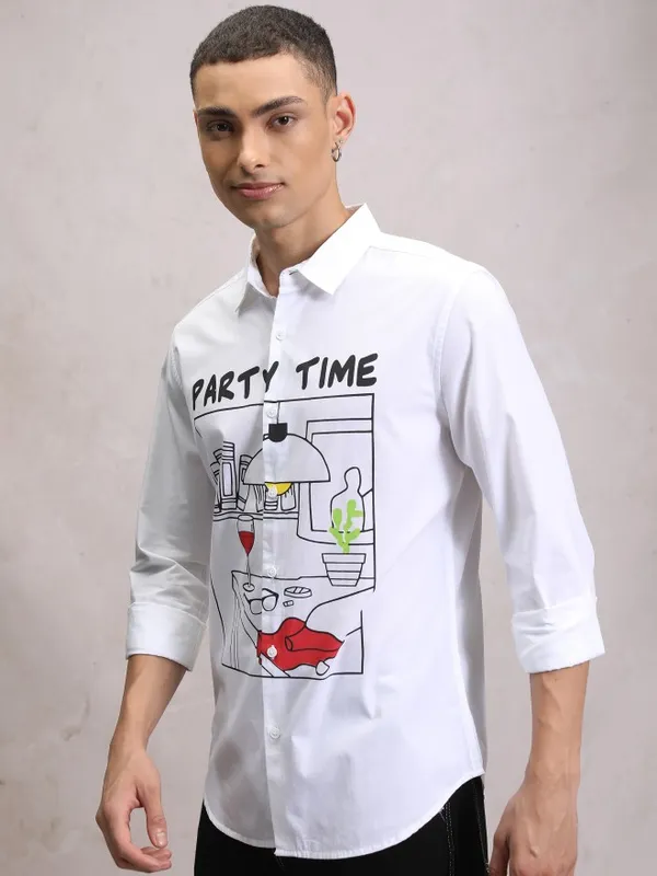  Ketch Men White Printed Slim Fit Casual Shirts