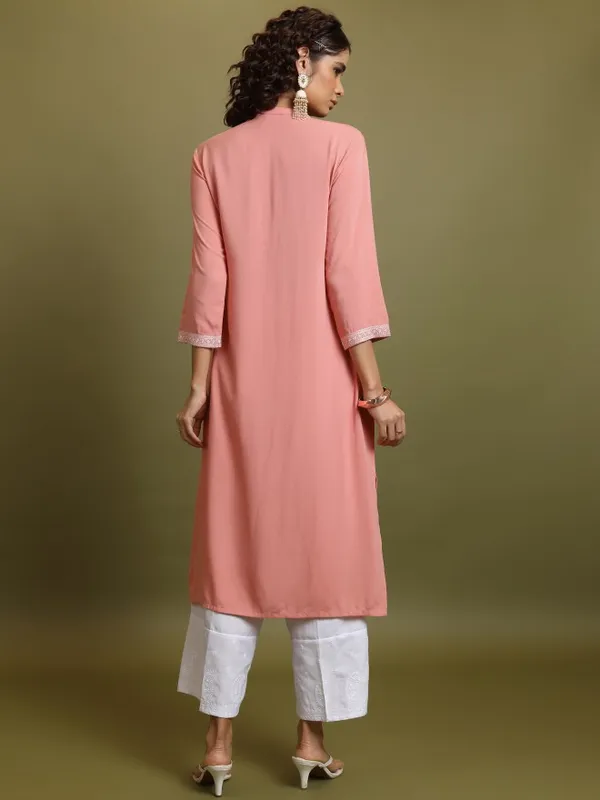  Vishudh  Women Peach Embroidered Straight Kurtas