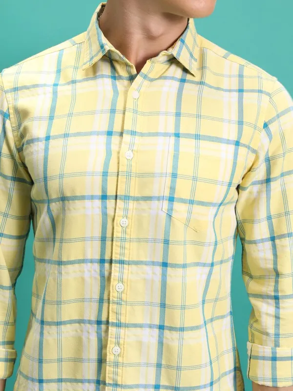  Ketch Men Yellow Checked Slim Fit Casual Shirts