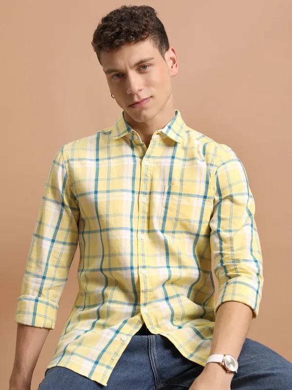  Ketch Men Yellow Checked Slim Fit Casual Shirts
