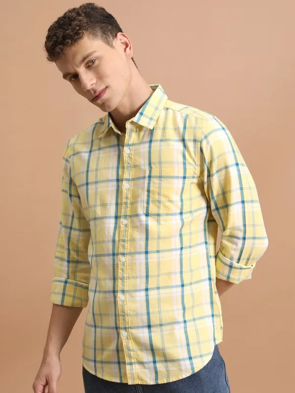  Ketch Men Yellow Checked Slim Fit Casual Shirts