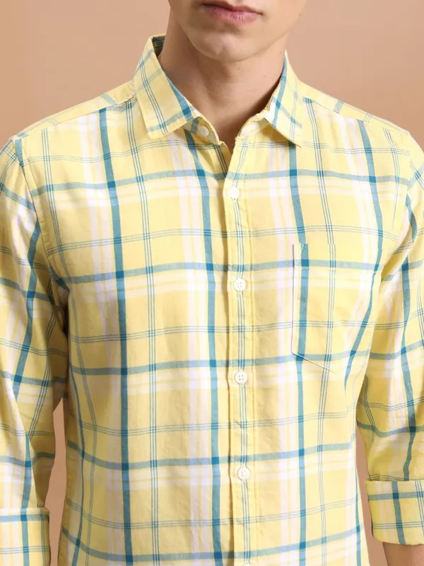  Ketch Men Yellow Checked Slim Fit Casual Shirts