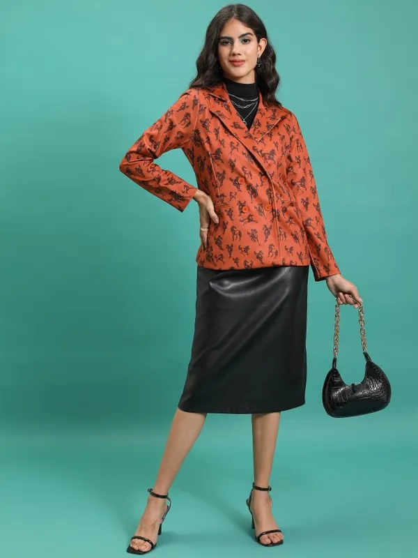 Tokyo Talkies Women Orange Double-Breasted Blazer