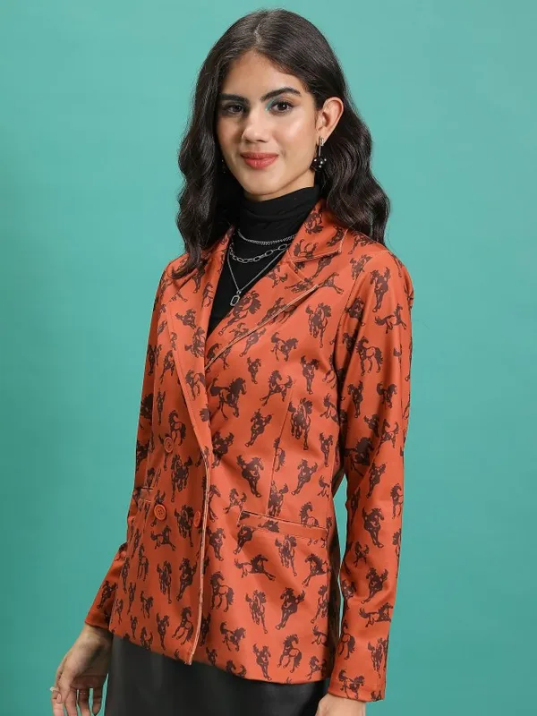 Tokyo Talkies Women Orange Double-Breasted Blazer