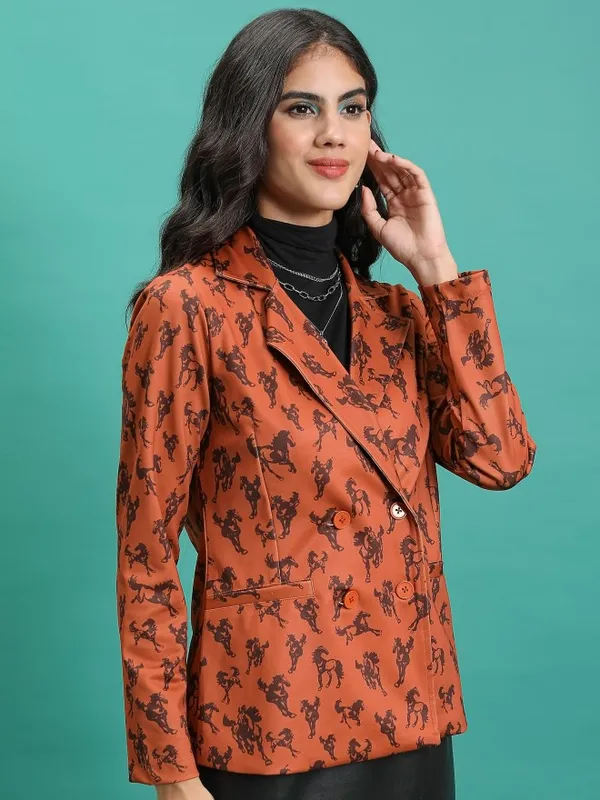 Tokyo Talkies Women Orange Double-Breasted Blazer