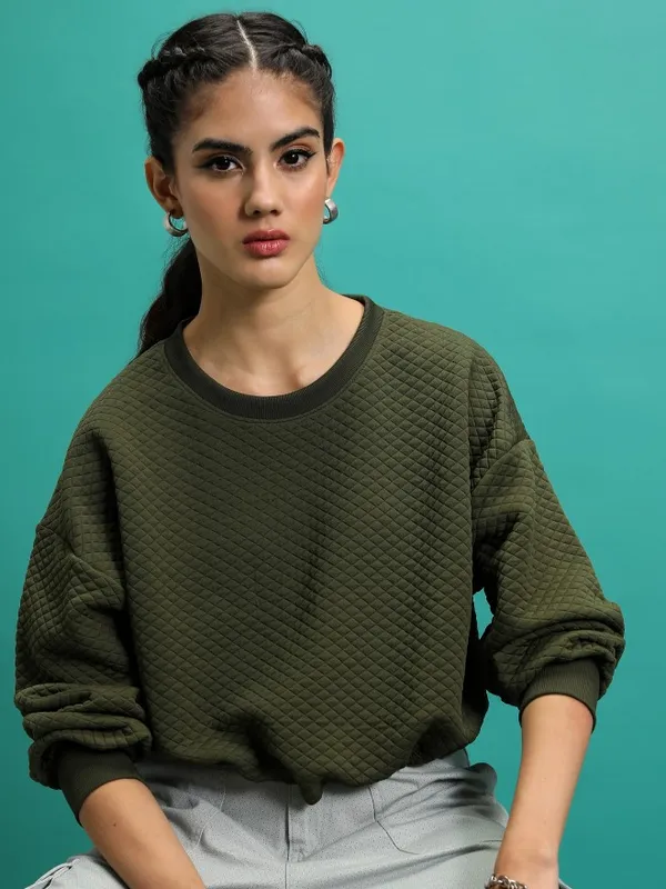  Tokyo Talkies Women Green Self Design Pullover Round Neck Sweatshirts