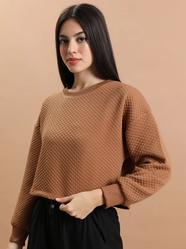  Tokyo Talkies Women Brown Self Design Pullover Round Neck Sweatshirts