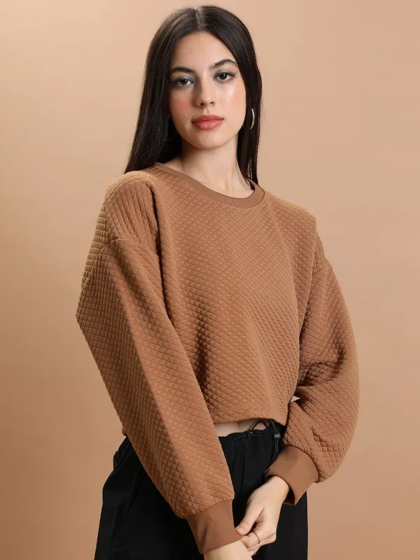  Tokyo Talkies Women Brown Self Design Pullover Round Neck Sweatshirts