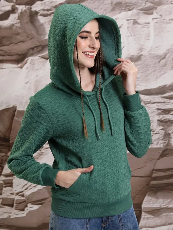  Tokyo Talkies Women Green Self Design Pullover Hood Sweatshirts