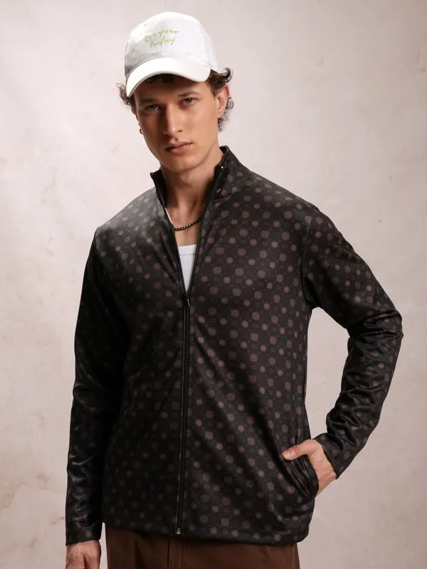  Highlander Men Black High Neck Front-Open Sweatshirts