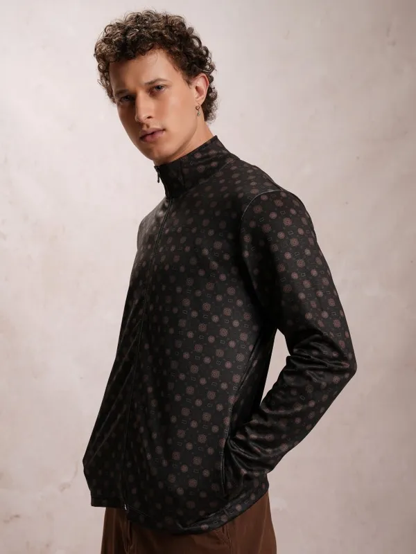  Highlander Men Black High Neck Front-Open Sweatshirts