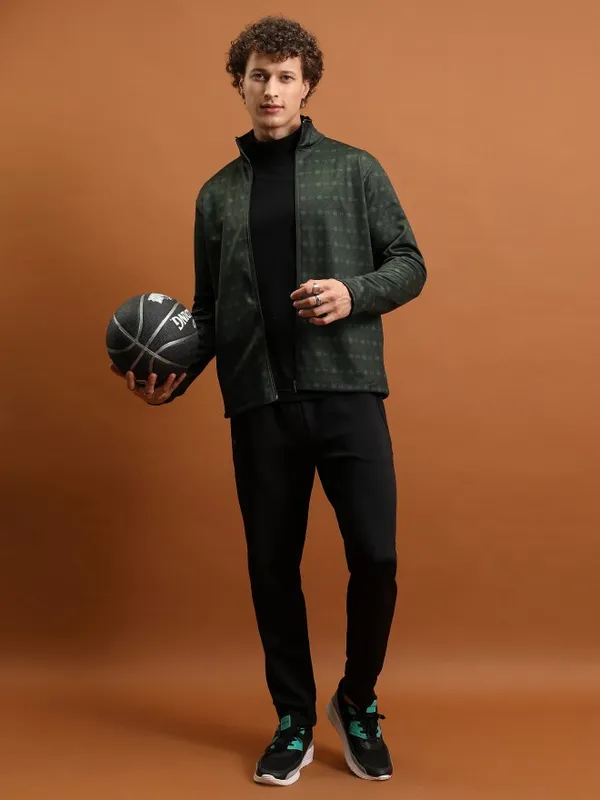  Highlander Men Green High Neck Front-Open Sweatshirts