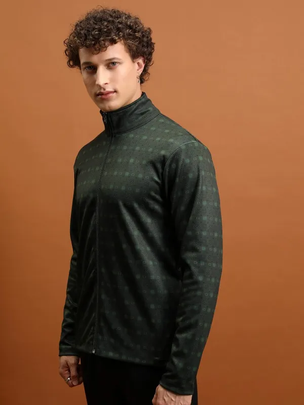  Highlander Men Green High Neck Front-Open Sweatshirts