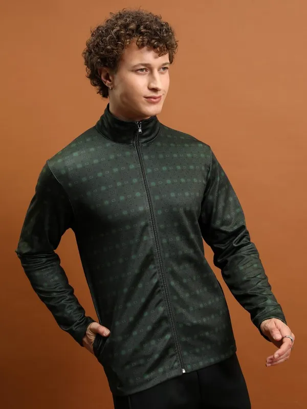  Highlander Men Green High Neck Front-Open Sweatshirts