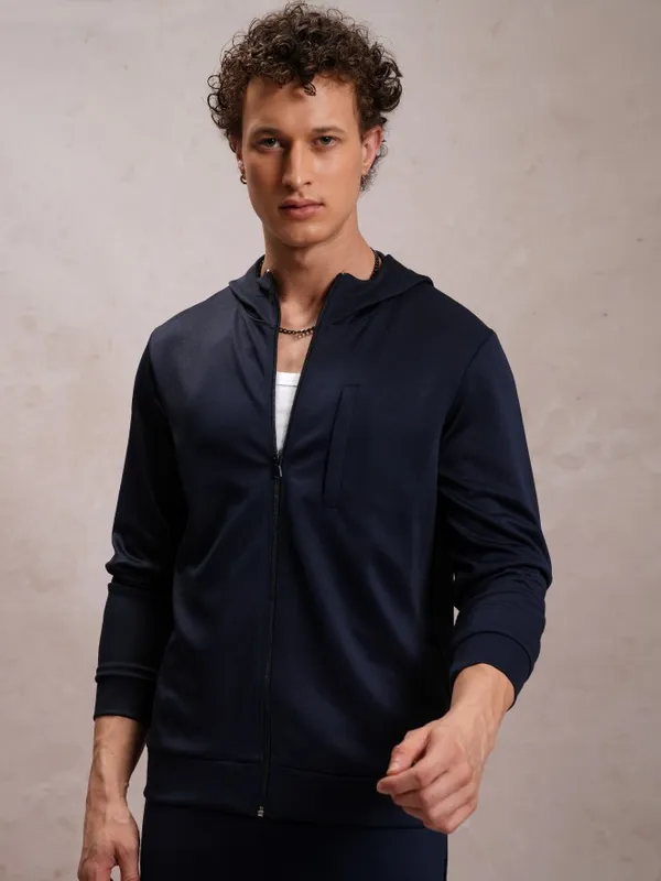 Highlander Men Navy Blue Solid Open Front Jacket