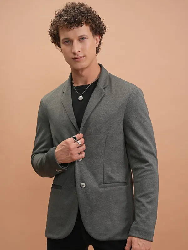Highlander Men Grey Solid Single-Breasted Blazer