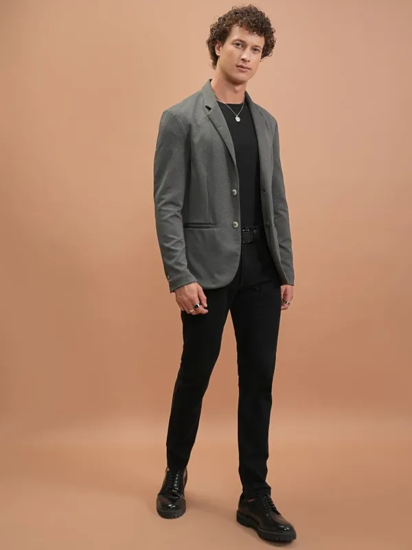 Highlander Men Grey Solid Single-Breasted Blazer