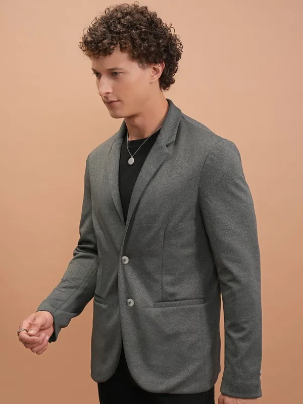 Highlander Men Grey Solid Single-Breasted Blazer