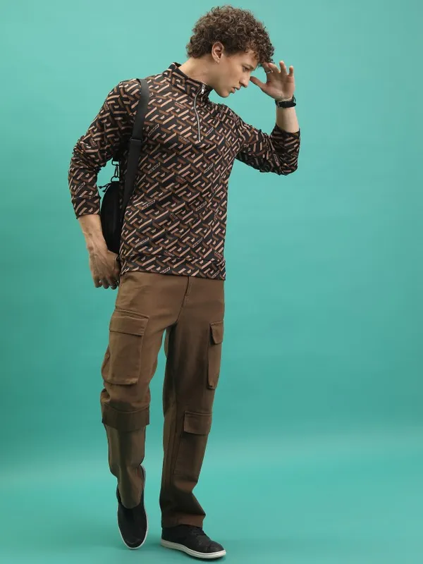 Highlander Men Brown High Neck Pullover Sweatshirt