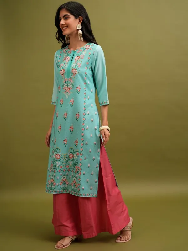  Ketch Women Turquoise Printed Straight Kurtas